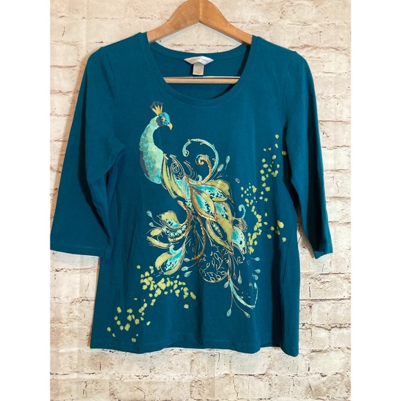 Christopher & Banks Top Womens Medium Dark Teal Peacock Printed Whimsical Sequin - Picture 1 of 12